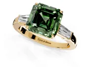 3 Stone Engagement Ring Setting for Fancy Green Asscher Cut Center with Baguette Accents and Prong Head in Yellow Gold