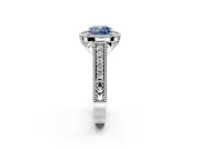 Milgrain Halo Engagement Ring Setting for Fancy Blue Cushion Cut Center with Pave Band and Prong Head in Platinum
