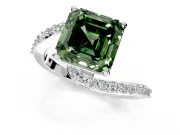 Solitaire Engagement Ring Setting for Fancy Green Asscher Cut Center with Pave Bypass Swirl Band and Prong Head in White Gold