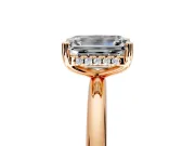 Hidden Halo Engagement Ring Setting for Emerald Cut Center with Thin Round-Wire Band and Prong Head in Rose Gold