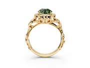 Halo Engagement Ring Setting for Fancy Green Round Cut Center with Open Scroll Shoulders and Prong Head in Yellow Gold