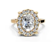 Single Halo Engagement Ring Setting for Oval Center with Corner Claws, Plain Band and Prong Head in Yellow Gold
