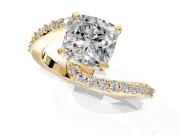 Solitaire Engagement Ring Setting for Cushion Cut Center with Pave Bypass Swirl Band and Prong Head in Yellow Gold