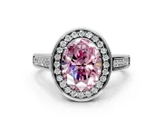 Halo Engagement Ring Setting for Fancy Pink Oval Center with Outer Bezel Rim, Pave Band and Prong Head in Platinum