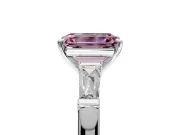 3 Stone Engagement Ring Setting for Fancy Pink Emerald Cut Center with Tapered Baguettes, Plain Band and Prong Head in Platinum