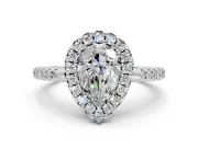 Pave Halo Engagement Ring Setting for Pear-Shaped Center with Single Row Pave Band and Prong Head in Platinum