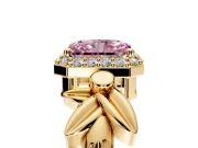 Halo Engagement Ring Setting for Fancy Pink Radiant Cut Center with Floral Band and Prong Head in Yellow Gold