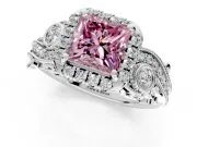 Bypass Halo Engagement Ring Setting for Fancy Pink Princess Cut Center with Bezel Accents, Milgrain and Prong Head in White Gold