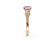3 Stone Engagement Ring Setting for Fancy Pink Asscher Cut Center with Crossover Basket, Pave Band and Prong Head in Rose Gold