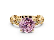 Solitaire Engagement Ring Setting for Fancy Pink Round Cut Center with Marquise Panel Band and Prong Head in Yellow Gold