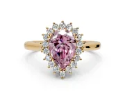 Starburst Halo Engagement Ring Setting for Fancy Pink Pear-Shaped Center with Thin Round-Wire Band and Prong Head in Yellow Gold