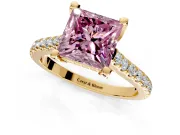 Solitaire Engagement Ring Setting for Fancy Pink Princess Cut Center with Widening Pave Band and Claw Prong Head in Yellow Gold