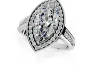 Halo Engagement Ring Setting for Marquise Center with Outer Bezel Rim, Pave Band and Prong Head in White Gold
