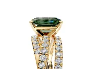 Solitaire Engagement Ring Setting for Fancy Green Emerald Cut Center with Woven 3-Strand Pave Band and Prong Head in Yellow Gold