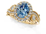 Milgrain Halo Engagement Ring Setting for Fancy Blue Oval Center with Shoulder Bezels and Prong Head in Yellow Gold