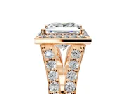 Halo Engagement Ring Setting for Princess Cut Center with Narrow Pave Split Shank and Prong Head in Rose Gold