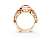 Milgrain Halo Engagement Ring Setting for Fancy Pink Asscher Cut Center with Pave Band and Prong Head in Rose Gold