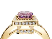 Halo Engagement Ring Setting for Fancy Pink Radiant Cut Center with Metal-Rimmed Halo, Pave Band and Prong Head in Yellow Gold