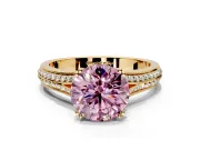 Solitaire Engagement Ring Setting for Fancy Pink Round Cut Center with Pave Rail Split Shank and Prong Head in Yellow Gold