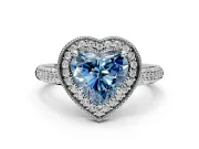Milgrain Halo Engagement Ring Setting for Fancy Blue Heart-Shaped Center with Three-Sided Pave Band and Prong Head in Sterling Silver