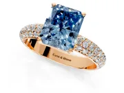 Solitaire Engagement Ring Setting for Fancy Blue Radiant Cut Center with Domed Multi-Row Pave Band and Prong Head in Rose Gold