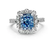 Milgrain Halo Engagement Ring Setting for Fancy Blue Radiant Cut Center with Bezel Point Accents and Prong Head in White Gold