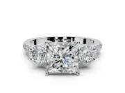 3 Stone Engagement Ring Setting for Princess Cut Center with Crossover Basket, Pave Band and Prong Head in Platinum