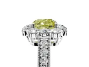 Halo Engagement Ring Setting for Fancy Yellow Cushion Cut Center with Milgrain Channel Band and Prong Head in Platinum