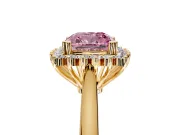 Starburst Halo Engagement Ring Setting for Fancy Pink Cushion Cut Center with Thin Round-Wire Band and Prong Head in Yellow Gold