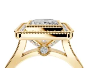 Halo Engagement Ring Setting for Princess Cut Center with Milgrain Frame, Pave Band and Prong Head in Yellow Gold