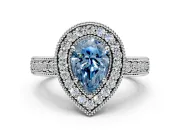 Milgrain Halo Engagement Ring Setting for Fancy Blue Pear-Shaped Center with Pave Band and Prong Head in Platinum