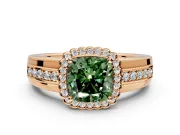 Halo Engagement Ring Setting for Fancy Green Cushion Cut Center with Wide Band, Inlaid Accent Row and Prong Head in Rose Gold