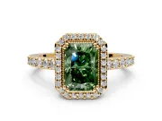 Halo Engagement Ring Setting for Fancy Green Radiant Cut Center with Inner Milgrain Border and Prong Head in Yellow Gold