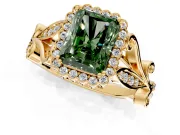 Halo Engagement Ring Setting for Fancy Green Radiant Cut Center with Leaf Motif Split Shank and Prong Head in Yellow Gold