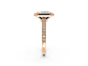 Halo Engagement Ring Setting for Radiant Cut Center with Milgrain Pave Band and Bezel Head in Rose Gold