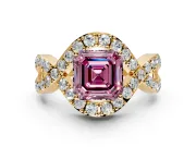 Halo Engagement Ring Setting for Fancy Pink Asscher Cut Center with Pave Infinity Twist Band and Prong Head in Yellow Gold