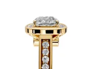 Halo Engagement Ring Setting for Cushion Cut Center with Outer Bezel Rim, Pave Band and Prong Head in Yellow Gold