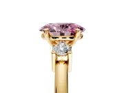 3 Stone Engagement Ring Setting for Fancy Pink Oval Center with Wide Plain Band and Prong Head in Yellow Gold
