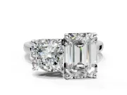 Cushion Cut and Emerald Cut Lab-Grown Diamond Toi et Moi Engagement Ring with Prong-Set Stones in Sterling Silver