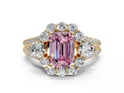 Halo Engagement Ring Setting for Fancy Pink Emerald Cut Center with Two-Strand Split Shank and Prong Head in Yellow Gold
