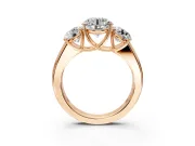 3 Stone Engagement Ring Setting for Round Cut Center with Raised Basket Heads and Prong Head in Rose Gold