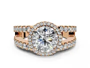 Halo Engagement Ring Setting for Round Cut Center with Wide-Open Pave Split Shank and Prong Head in Rose Gold