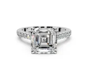 Solitaire Engagement Ring Setting for Asscher Cut Center with Widening Pave Band and Claw Prong Head in White Gold