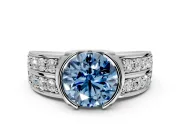 Bezel Engagement Ring Setting for Fancy Blue Round Cut Center with Wide Channel-Set Band and Bezel Head in Sterling Silver