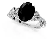 Leaf Motif Engagement Ring Setting for Fancy Black Oval Center with Pave Band and Prong Head in Platinum