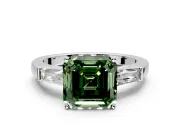 3 Stone Engagement Ring Setting for Fancy Green Asscher Cut Center with Tapered Baguettes, Plain Band and Prong Head in Sterling Silver