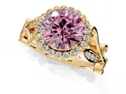 Halo Engagement Ring Setting for Fancy Pink Round Cut Center with Leaf Motif Split Shank and Prong Head in Yellow Gold