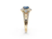 Halo Engagement Ring Setting for Fancy Blue Cushion Cut Center with Two-Strand Split Shank and Prong Head in Yellow Gold