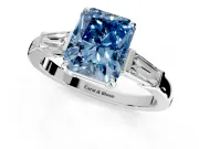 3 Stone Engagement Ring Setting for Fancy Blue Radiant Cut Center with Baguette Accents and Prong Head in Sterling Silver