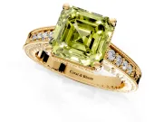 Engraved Engagement Ring Setting for Fancy Yellow Asscher Cut Center with Milgrain Pave Band and Prong Head in Yellow Gold